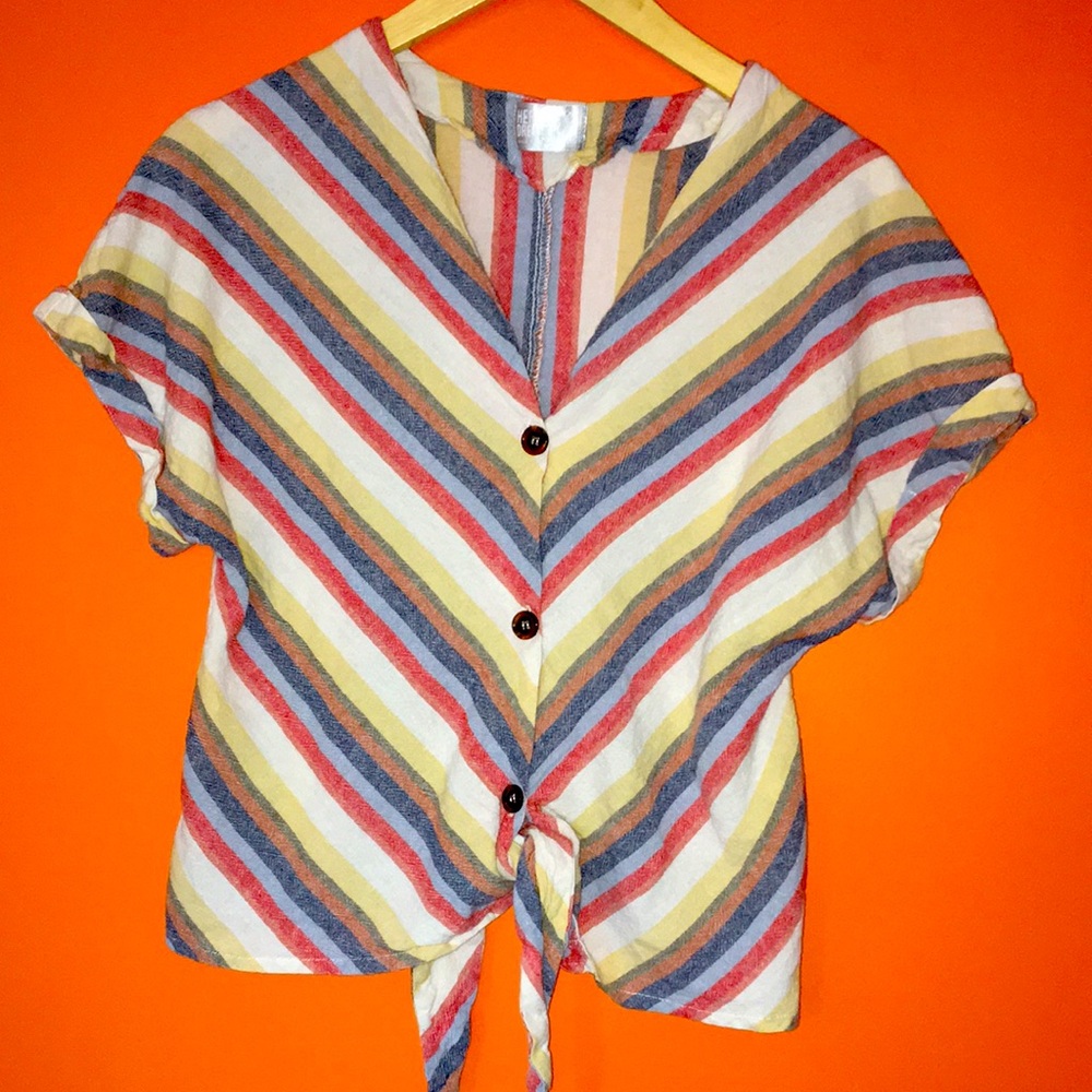 Cotton/Linen Striped Tie-Front Short Sleeve Top Multi Colored Size Medium 8/10